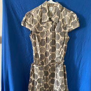 Medina Dress tan with brown circle pattern.